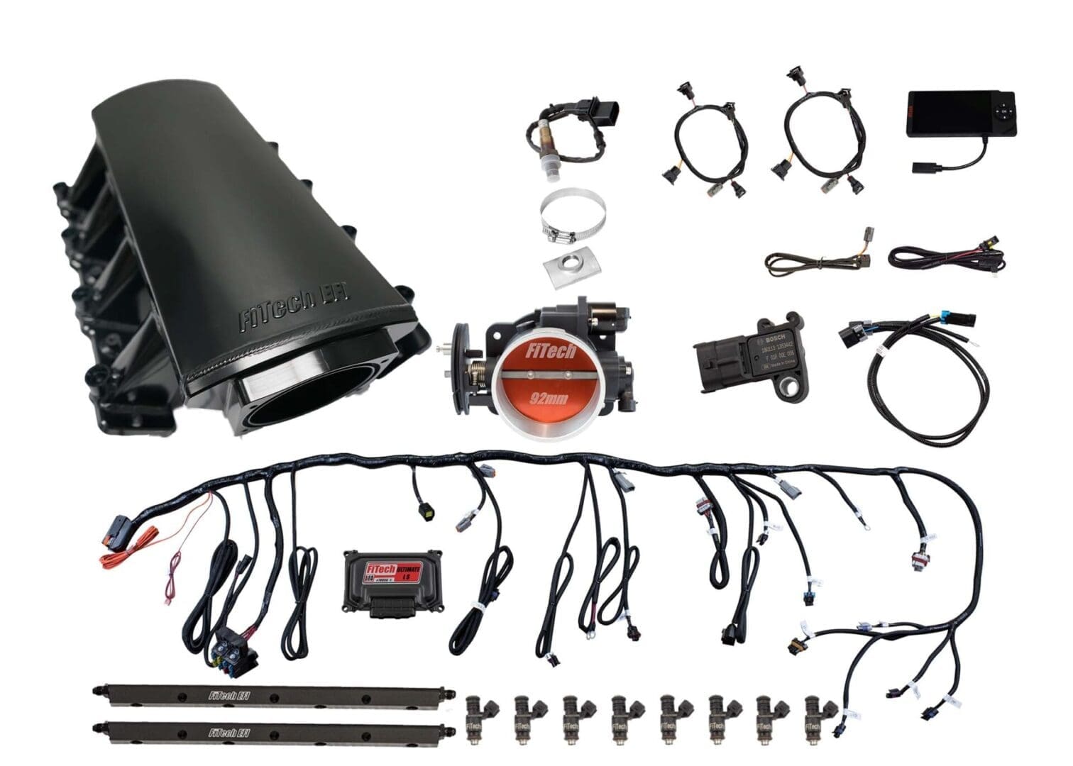 Car engine intake system kit components.