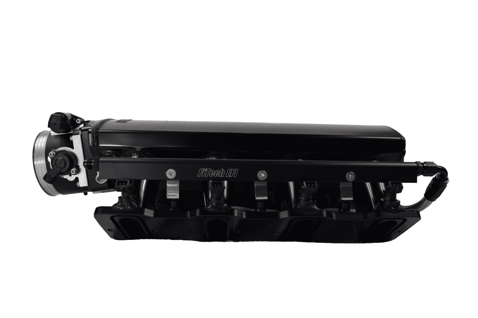 Black automotive engine intake manifold on white.