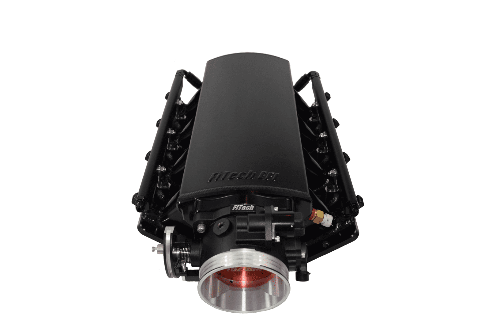 Black intake manifold with throttle body.