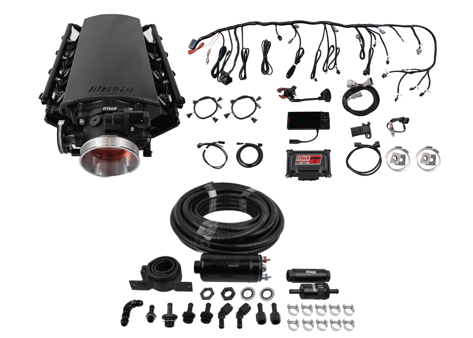 Performance car engine parts and accessories kit.