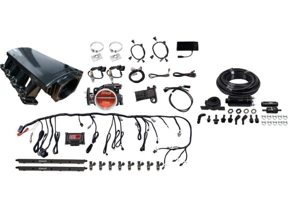 Electronic fuel injection system components laid out.