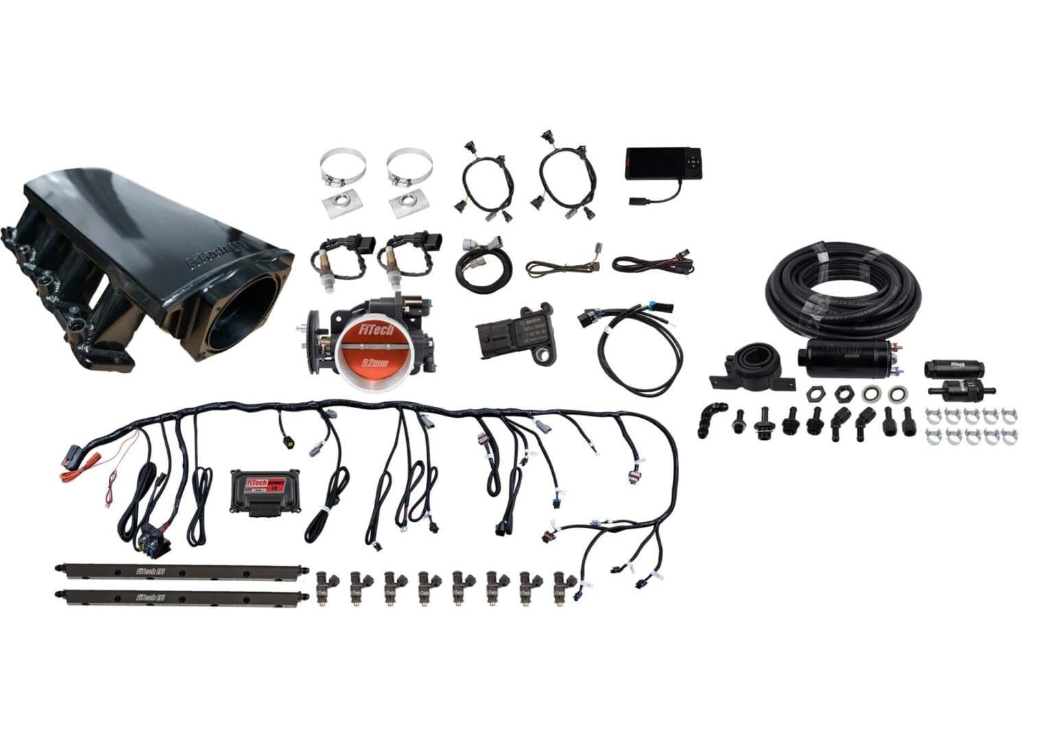 Electronic fuel injection system components laid out.