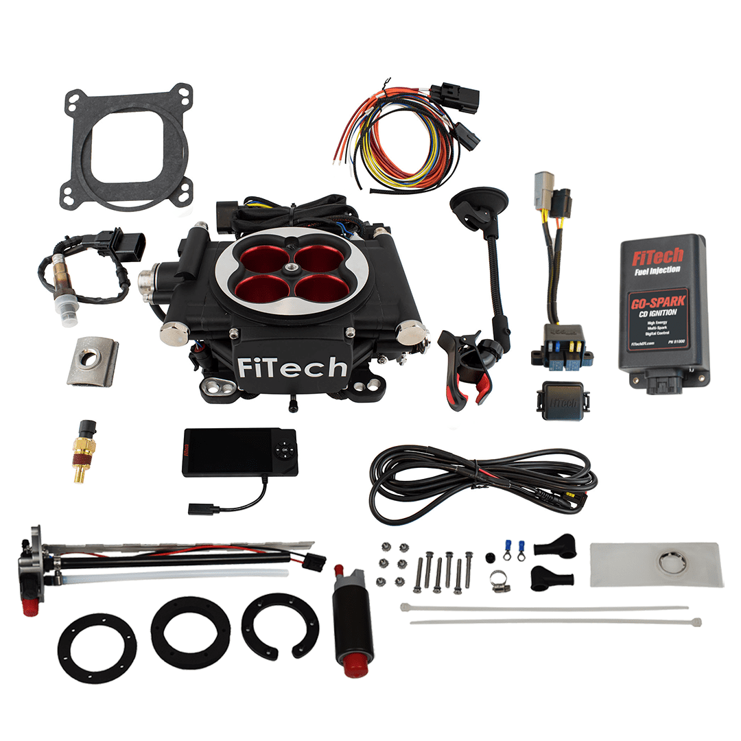 FiTech fuel injection system kit components displayed.