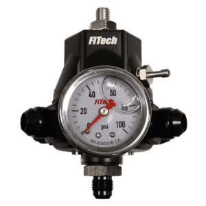 Fuel pressure regulator with gauge, black casing.