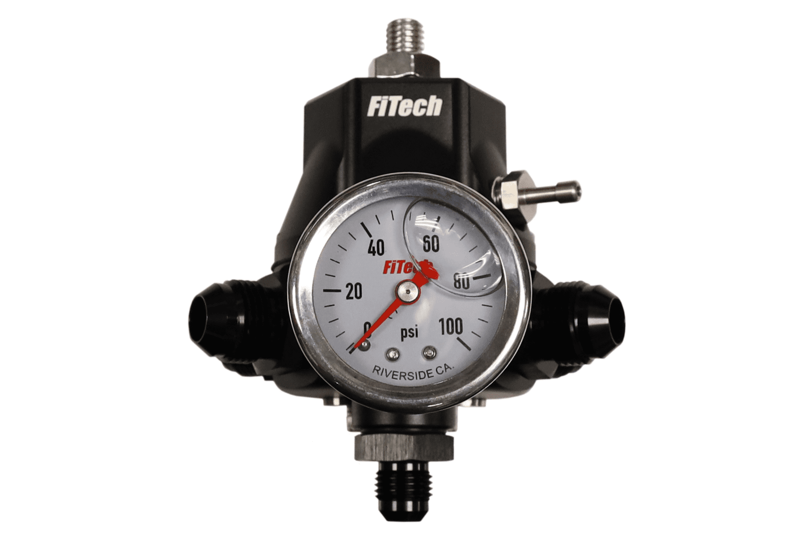 Fuel pressure regulator with gauge, black casing.