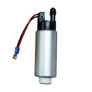 Silver electric fuel pump with wires attached.