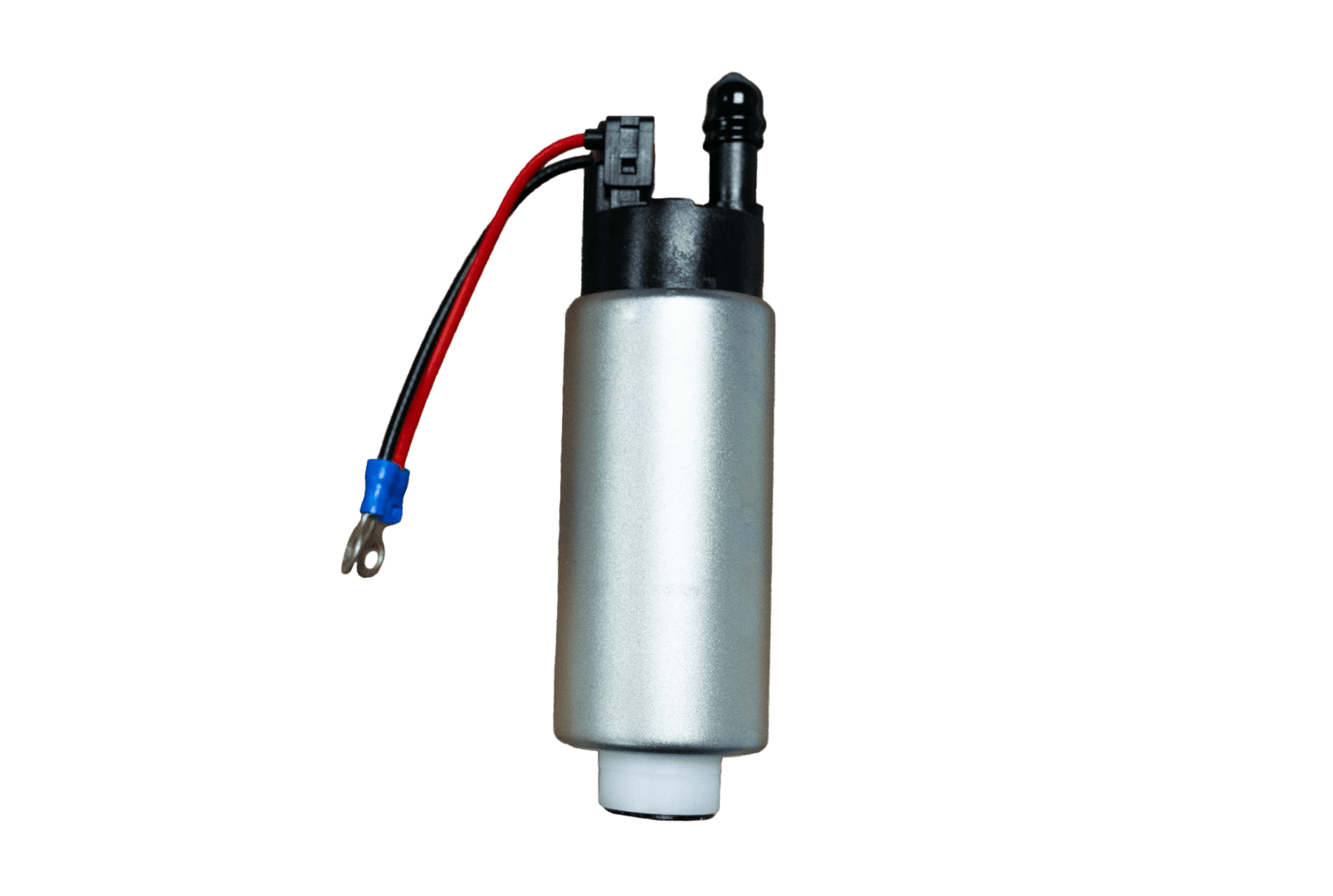 Silver electric fuel pump with wires attached.
