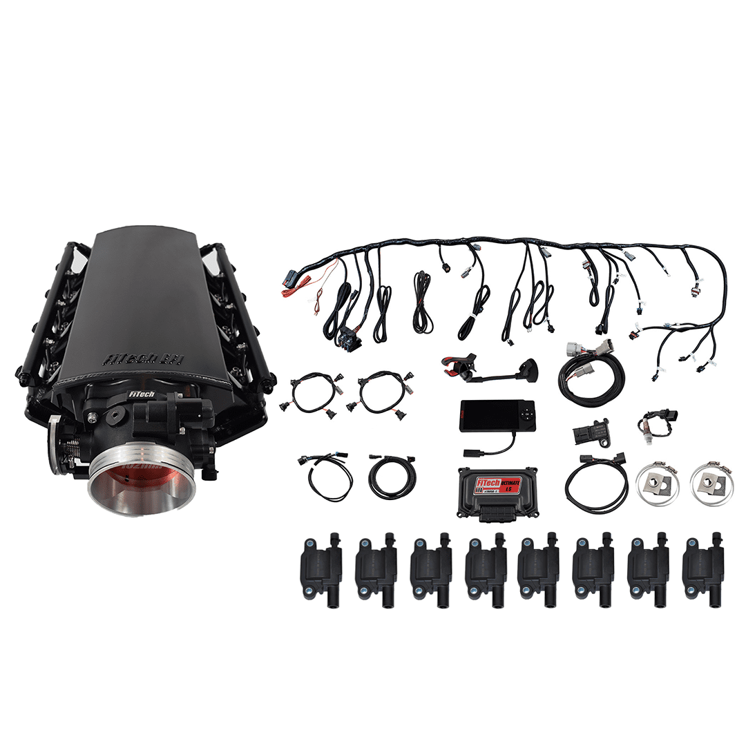 Car engine kit with various components.