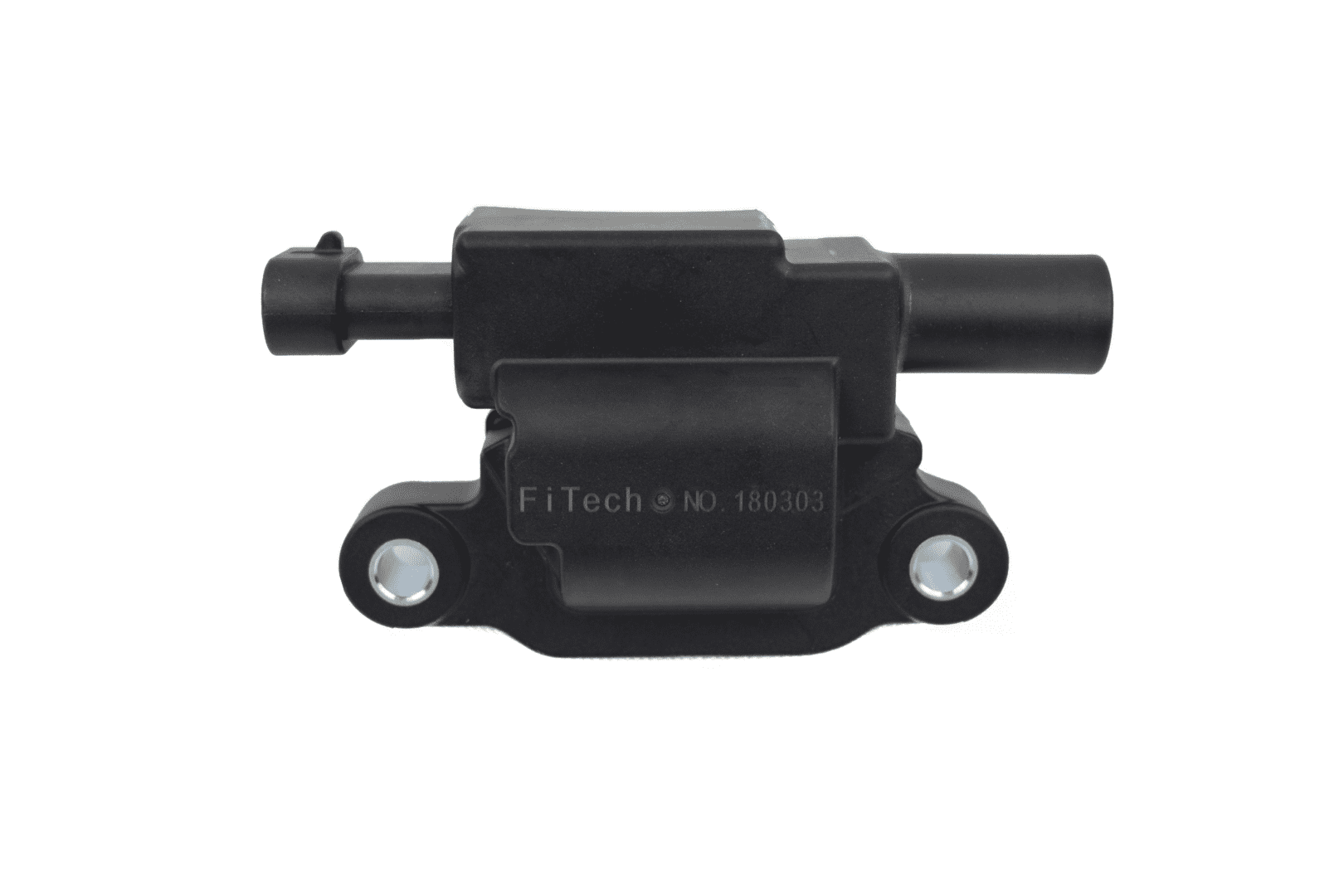 Black automotive ignition coil on white background.
