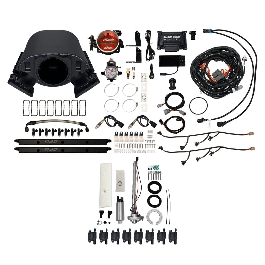 Automotive engine parts and accessories kit.