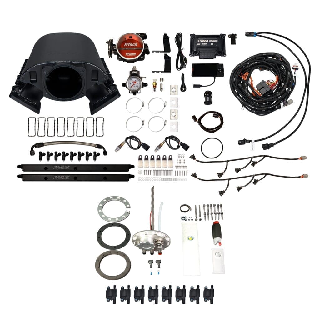 Car engine fuel injection system components arranged.