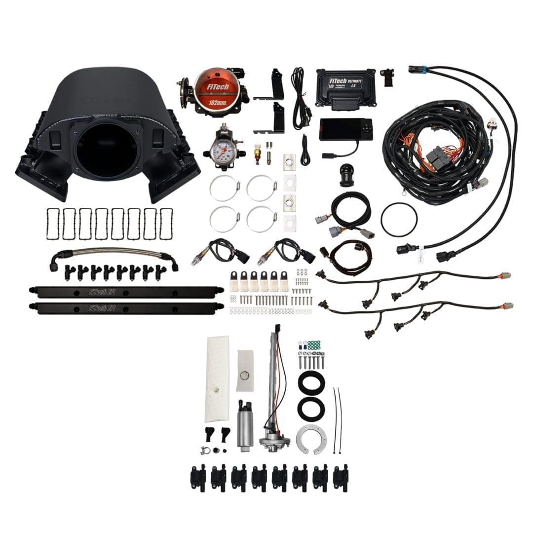 Car engine parts and wiring kit components.