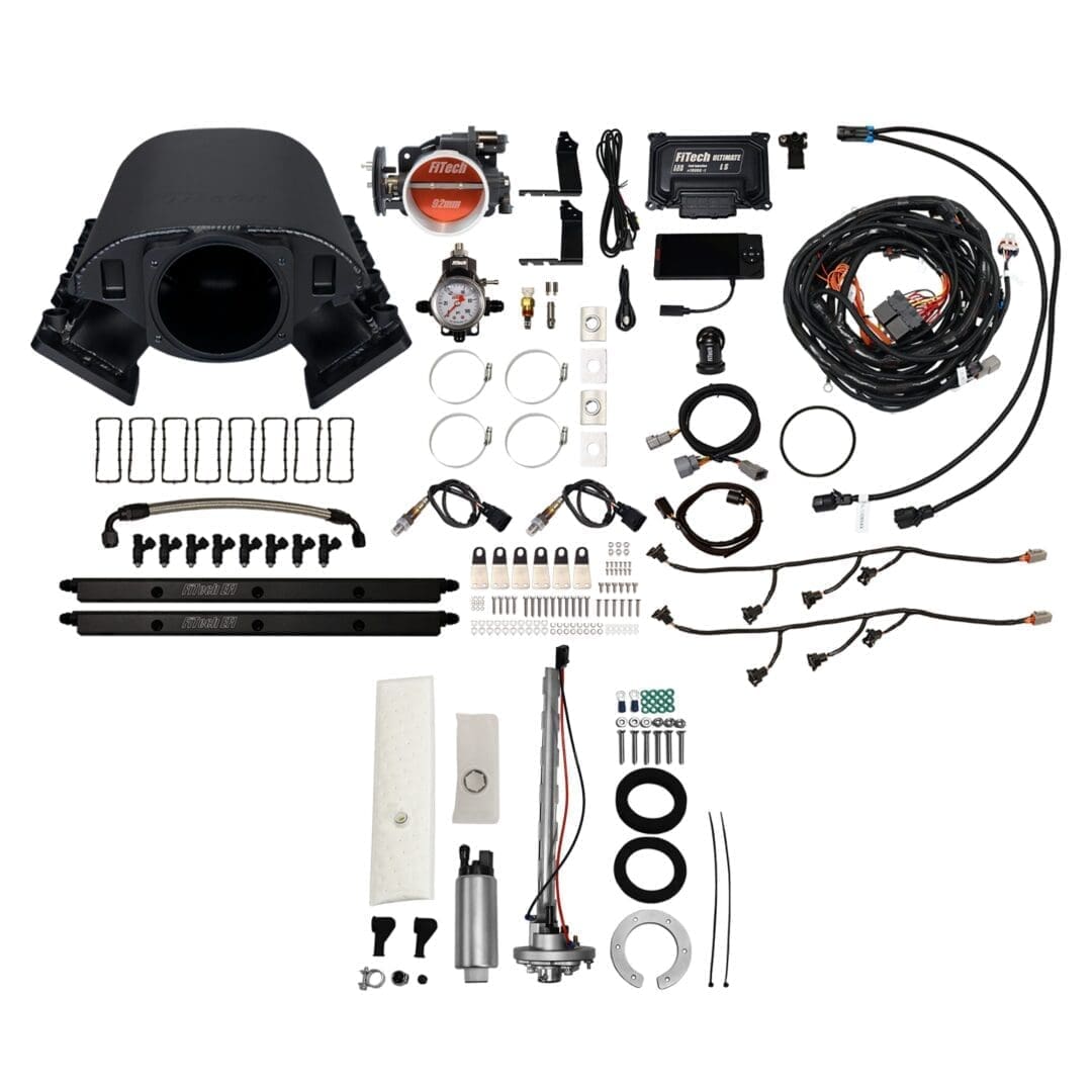 Automotive parts and accessories laid out.