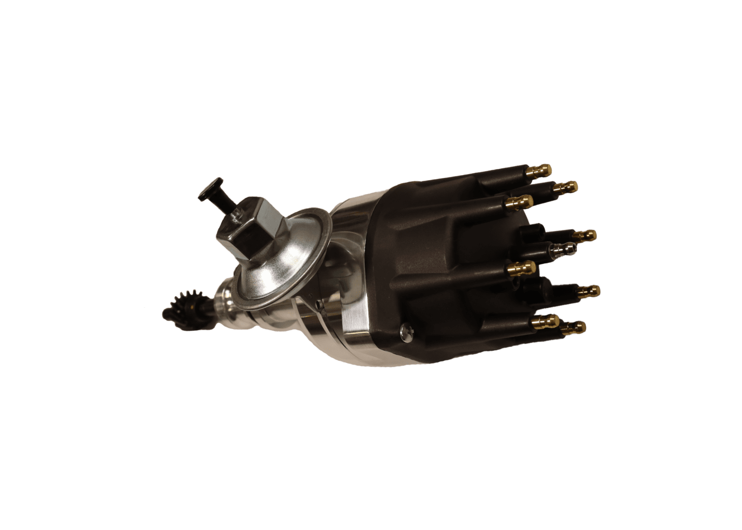 Distributor cap and rotor on black background.