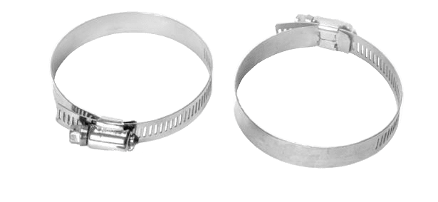 Two metal hose clamps on black background.