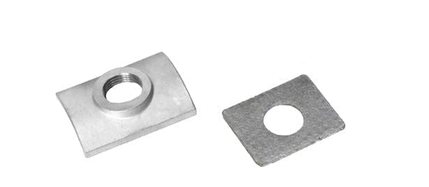 Metal nut and washer on white background.