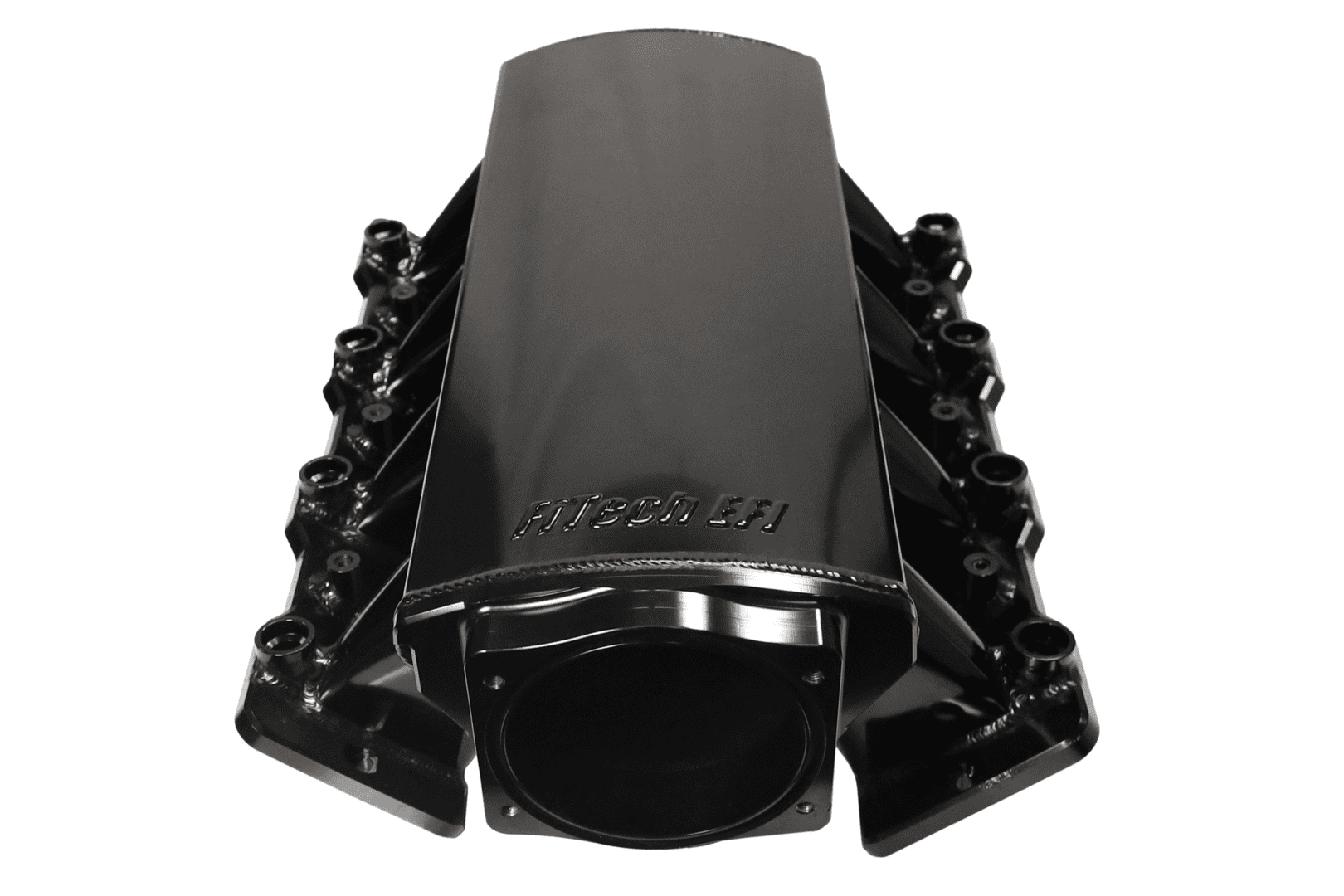 Black engine intake manifold, top view.