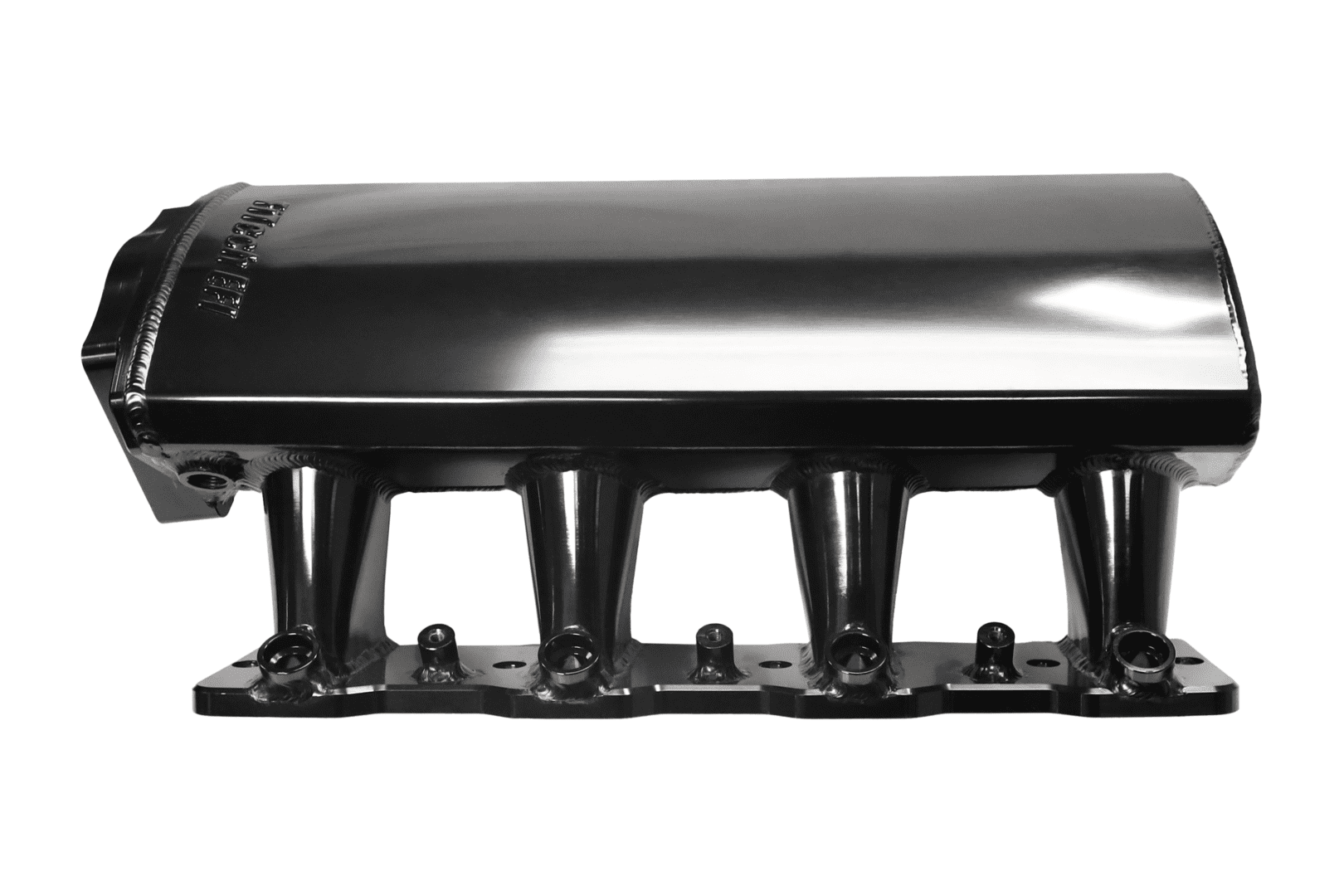 Black automotive engine intake manifold isolated.