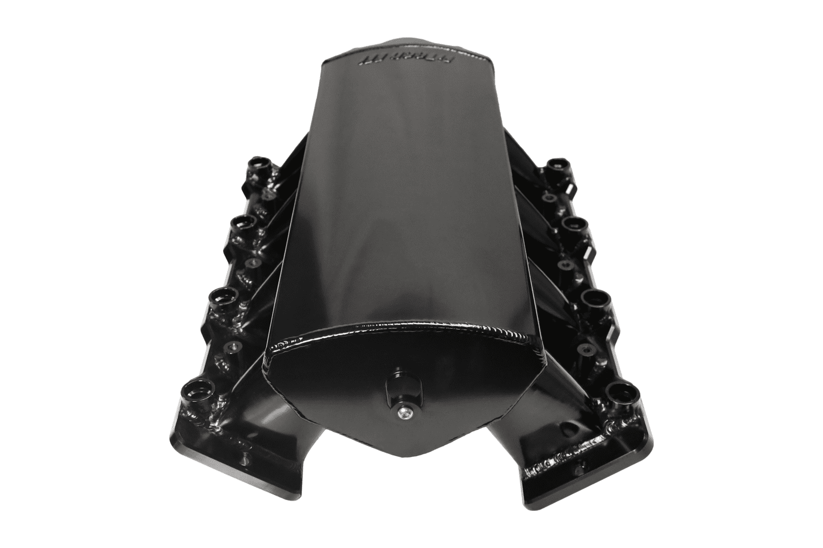 Black engine intake manifold on white background.