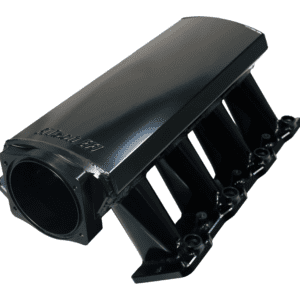 Black automotive intake manifold on white background.