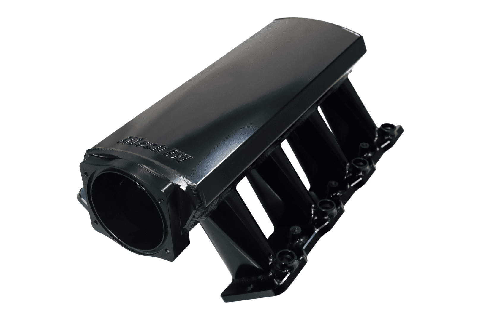 Black automotive intake manifold on white background.