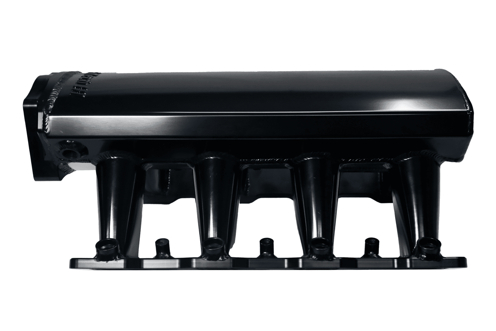 Black automotive intake manifold on white background.