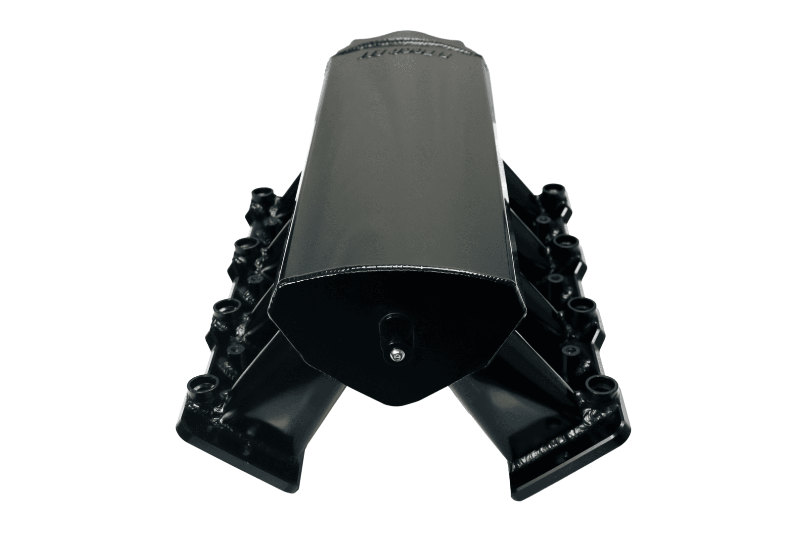 Black automotive engine intake manifold, isolated.