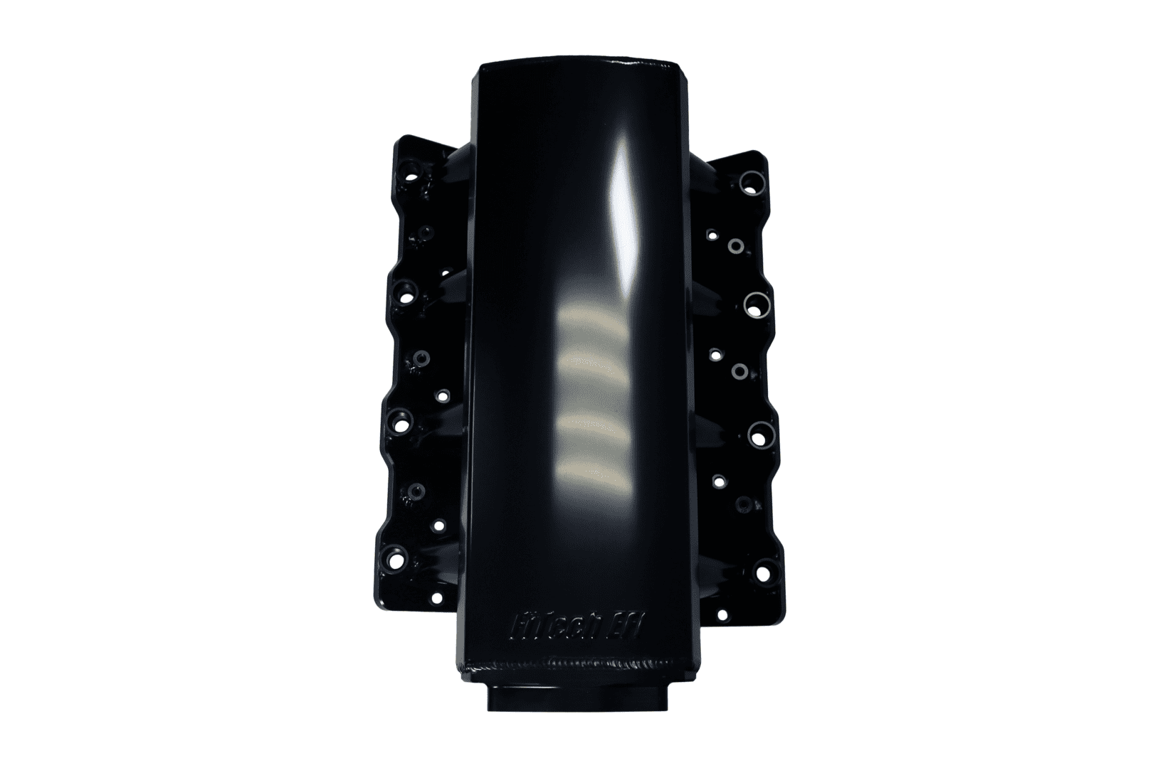 Black engine intake manifold on white background.