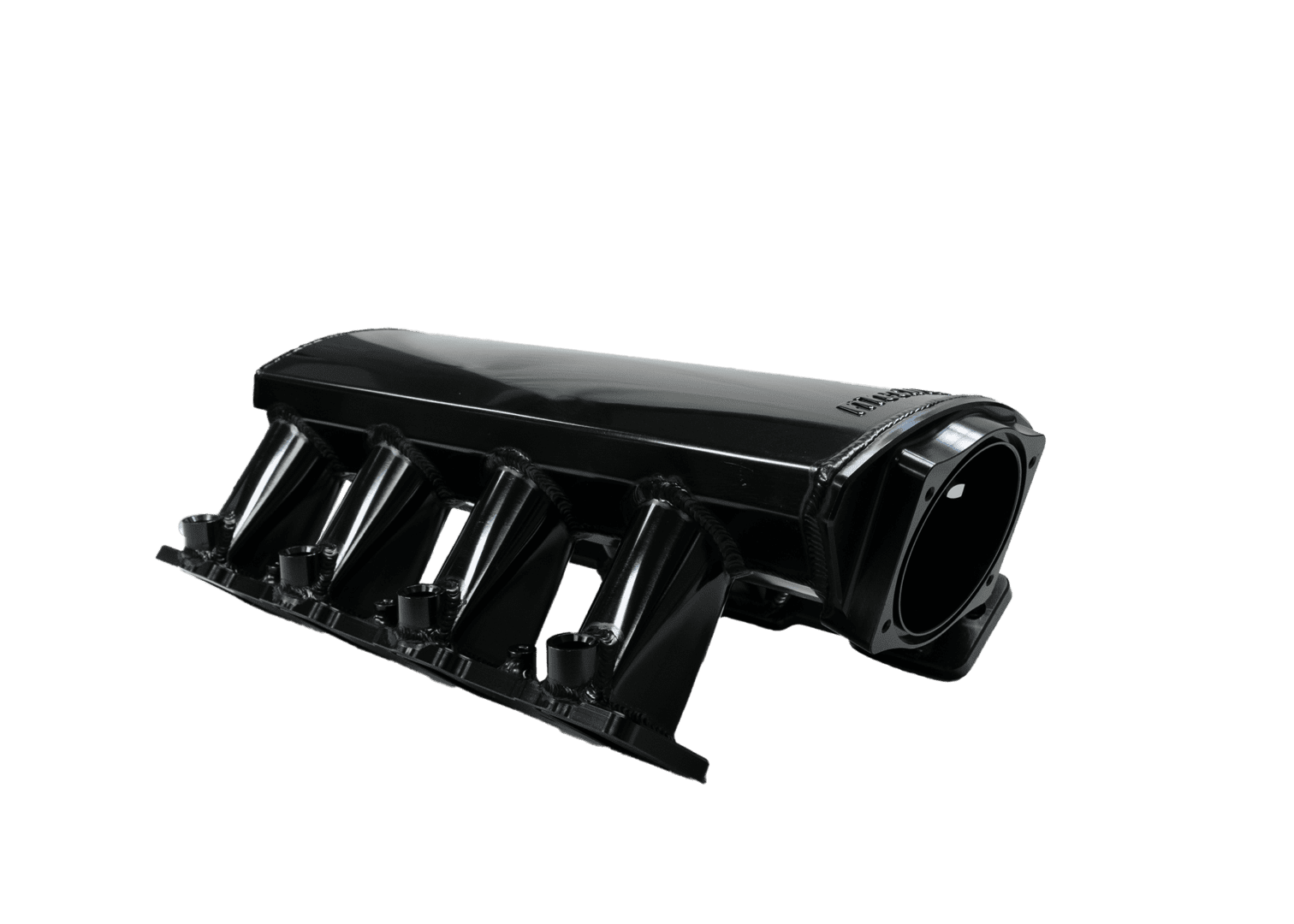 Black car engine intake manifold on black background.