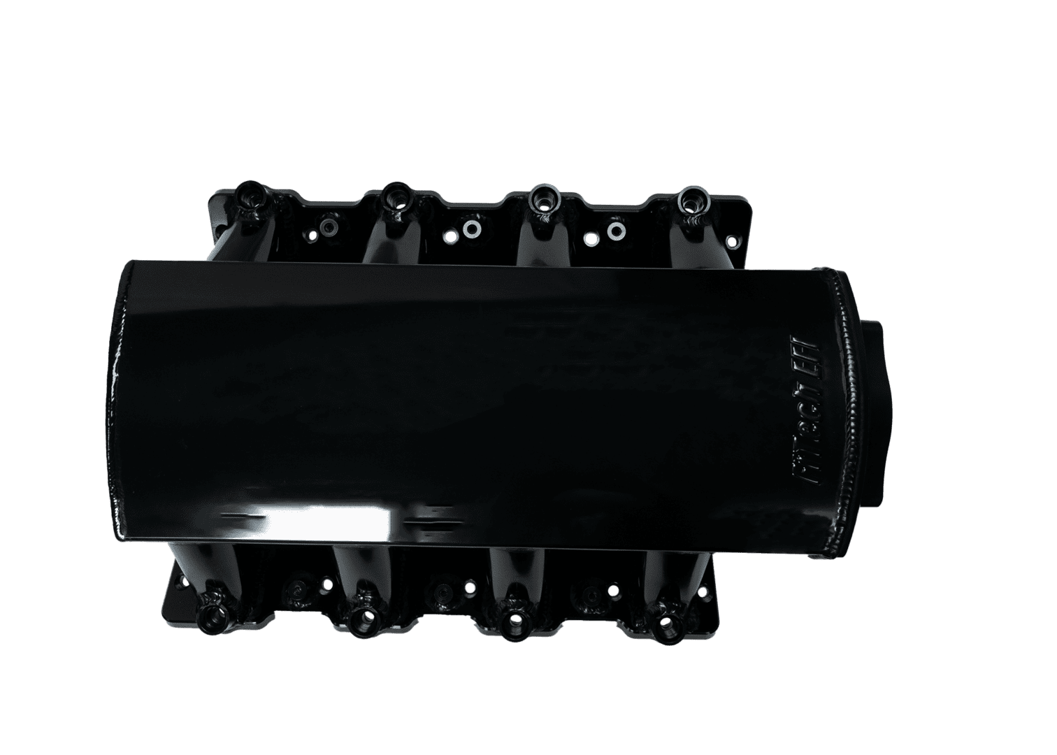 Black engine cover on a black background.