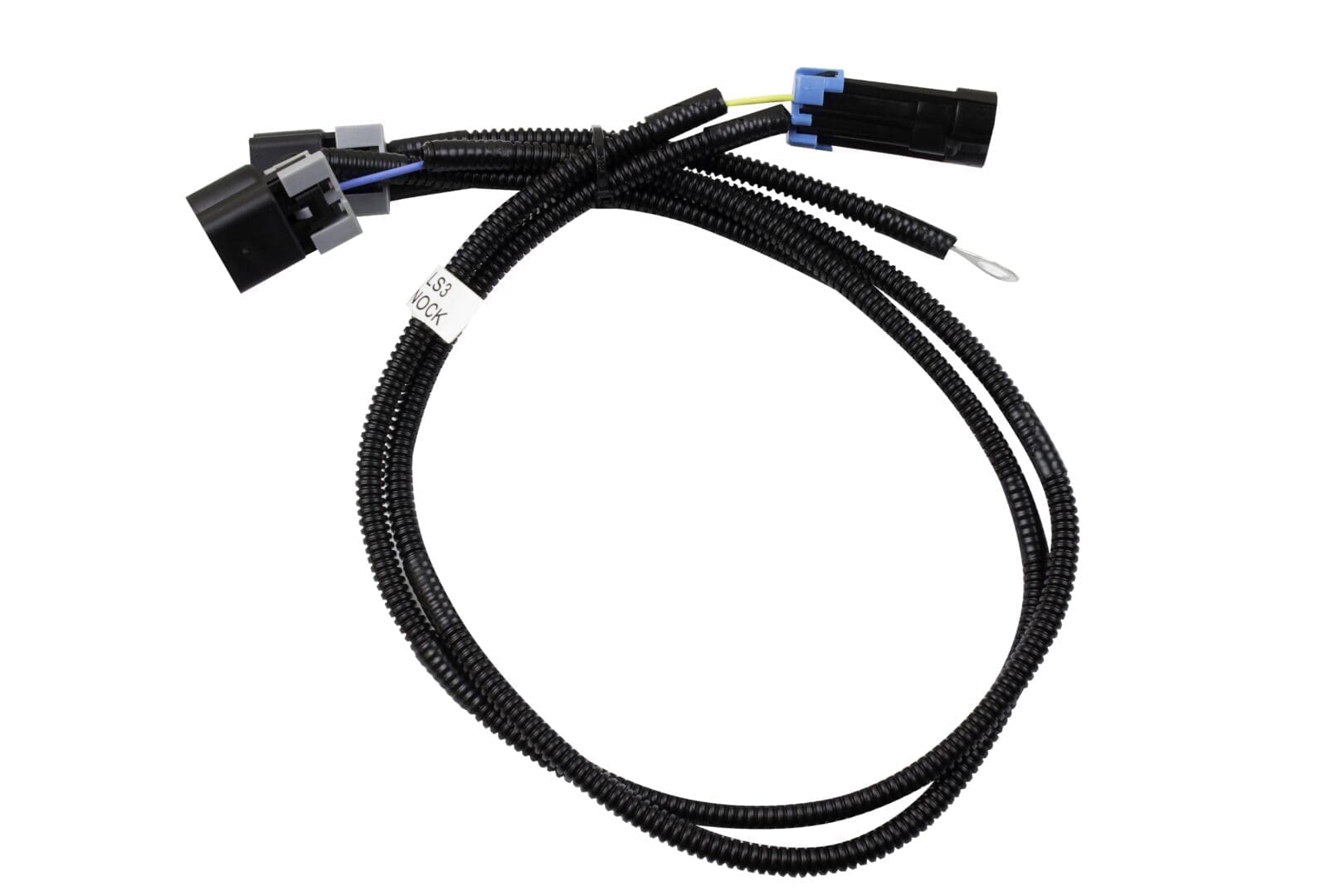 Black automotive wiring harness with connectors.