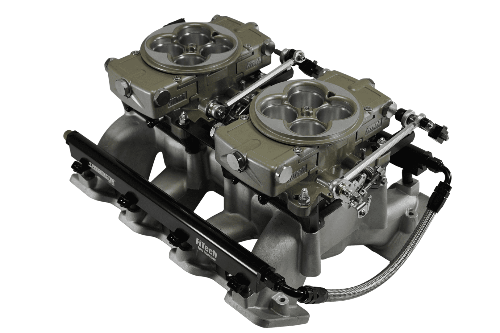 Dual carburetor setup on intake manifold.