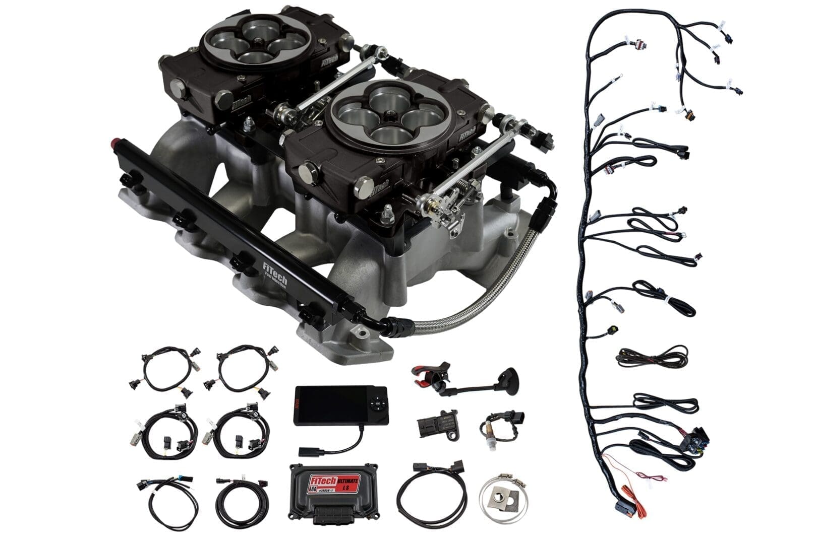 Car engine parts and wiring kit components.
