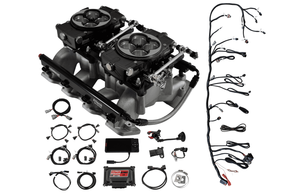 Throttle body and wiring kit components displayed.