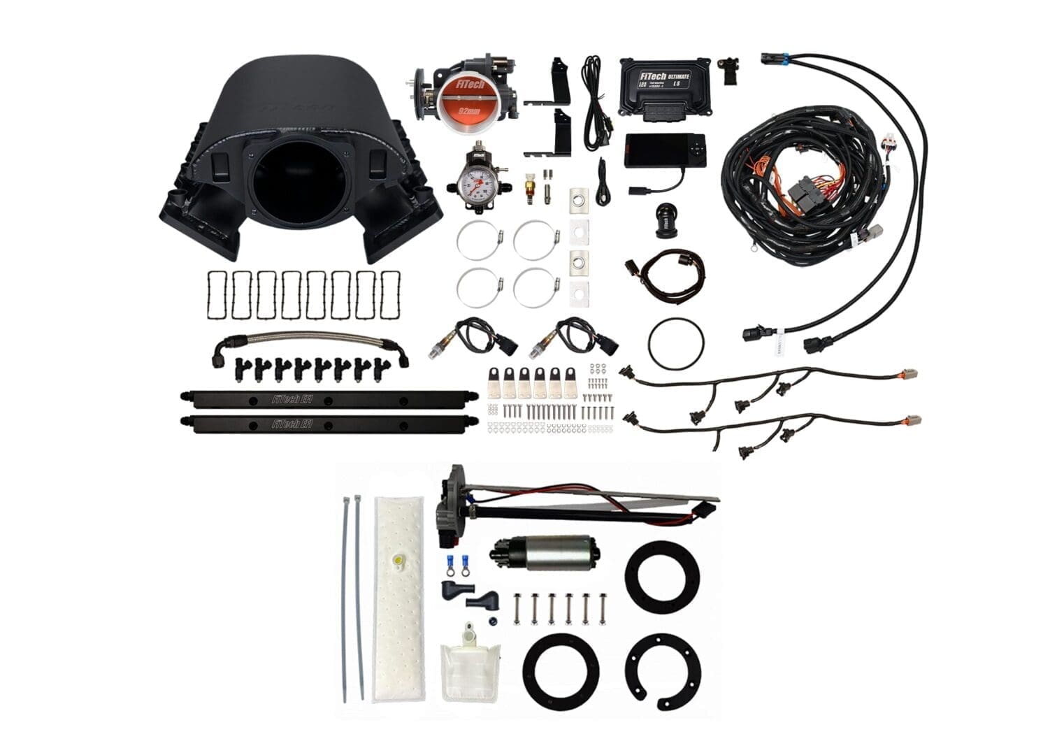 Car engine turbocharger kit components laid out.
