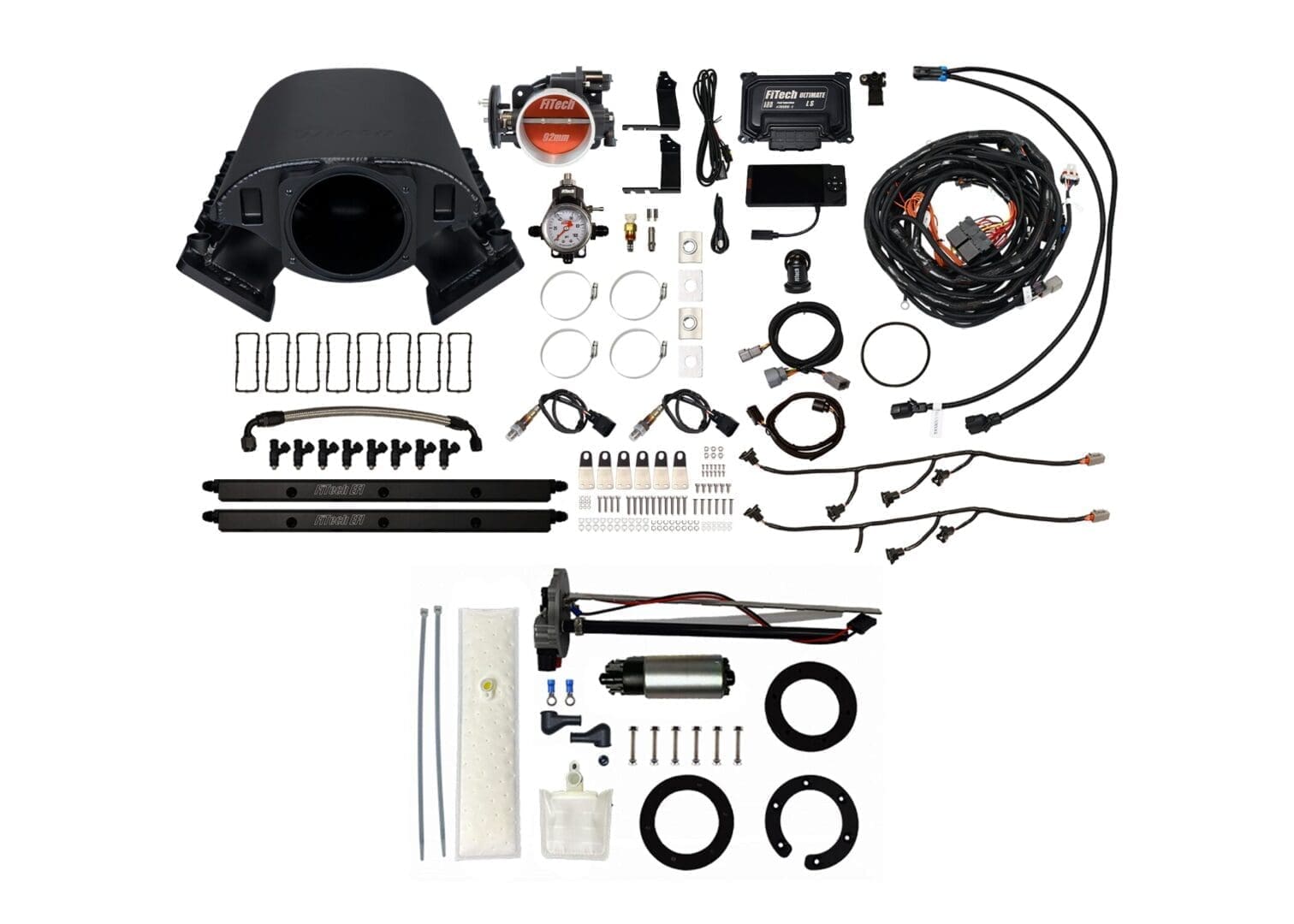 Car turbocharger kit with various components.