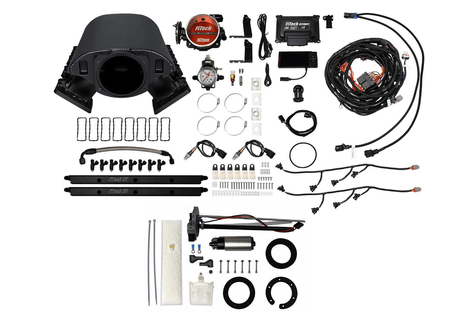 Car engine modification kit with various components.
