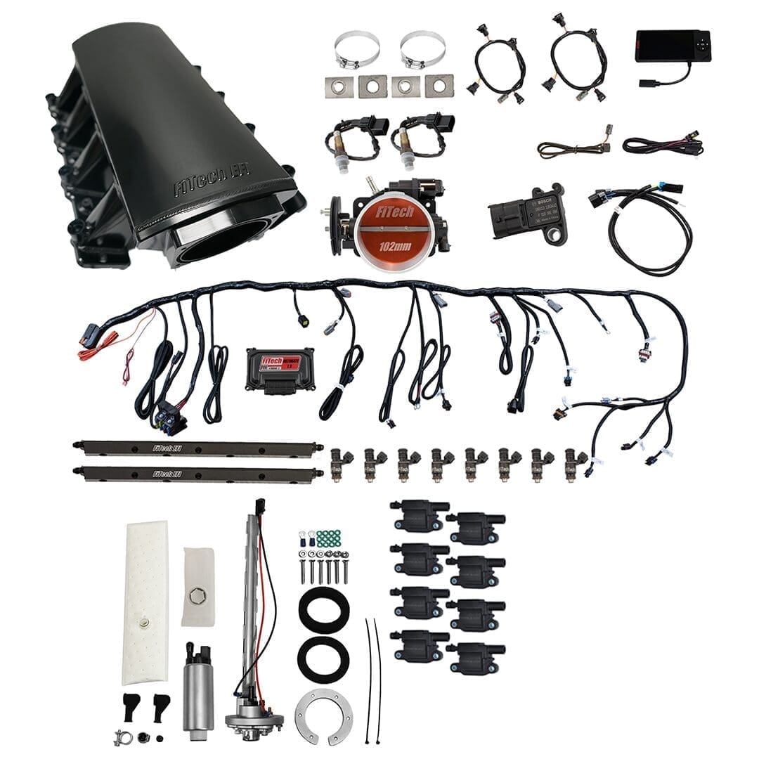 Car engine parts and wiring components set.