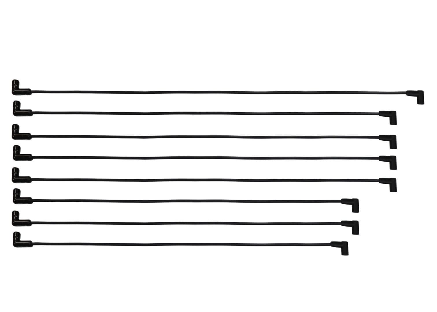 Eight black right-angle cables aligned horizontally.