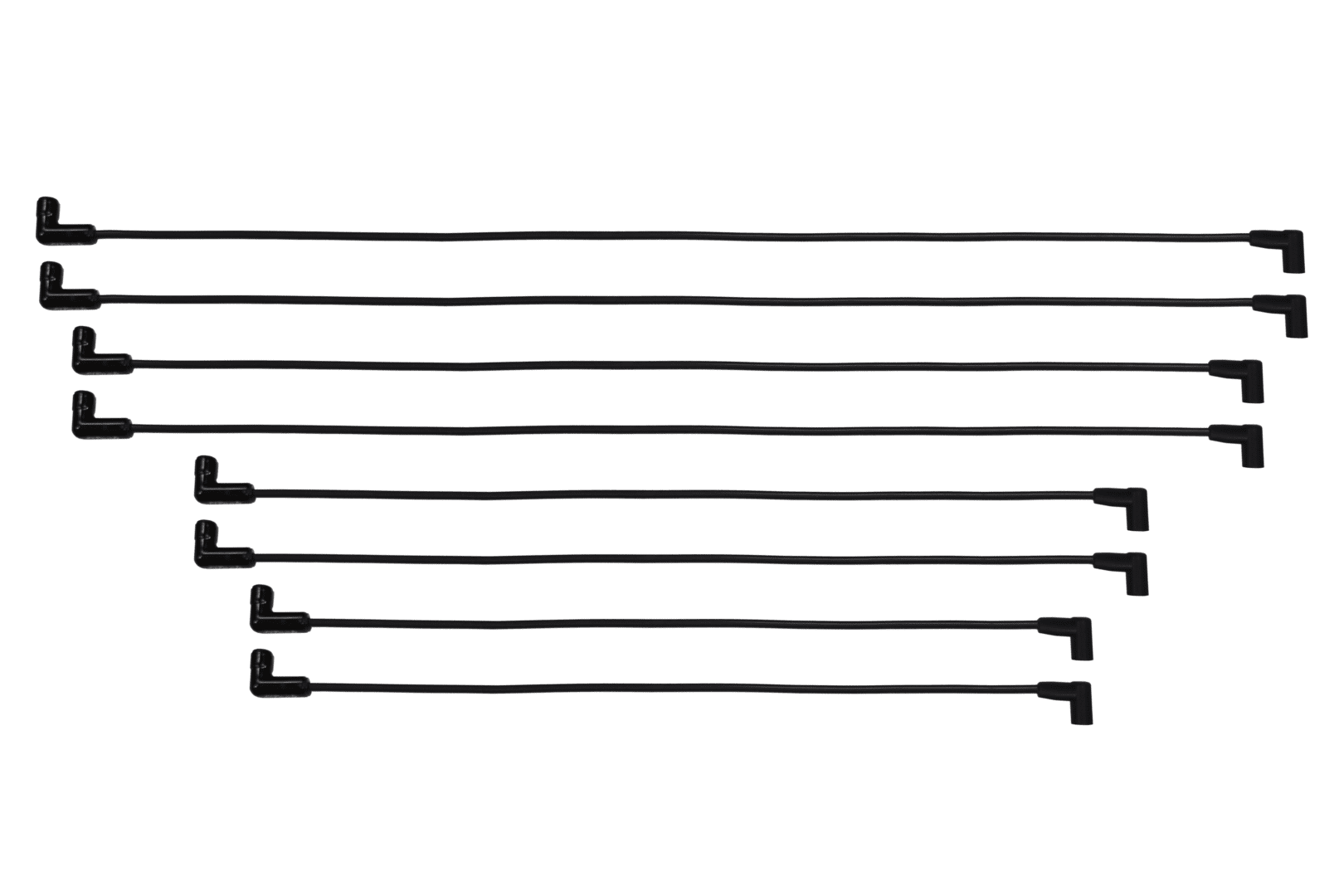 Nine black L-shaped cables aligned horizontally.