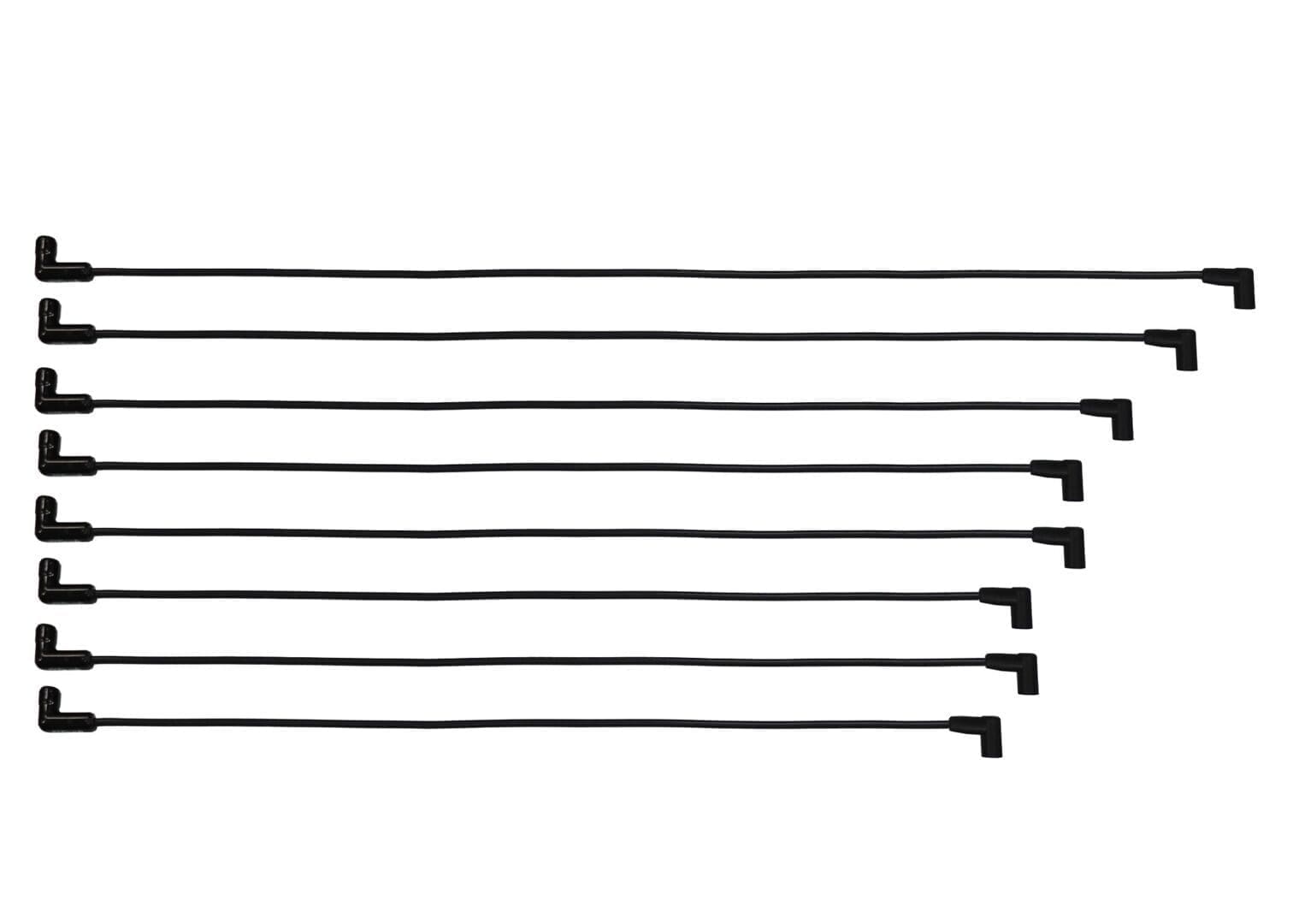 Nine right-angle black cables aligned horizontally.