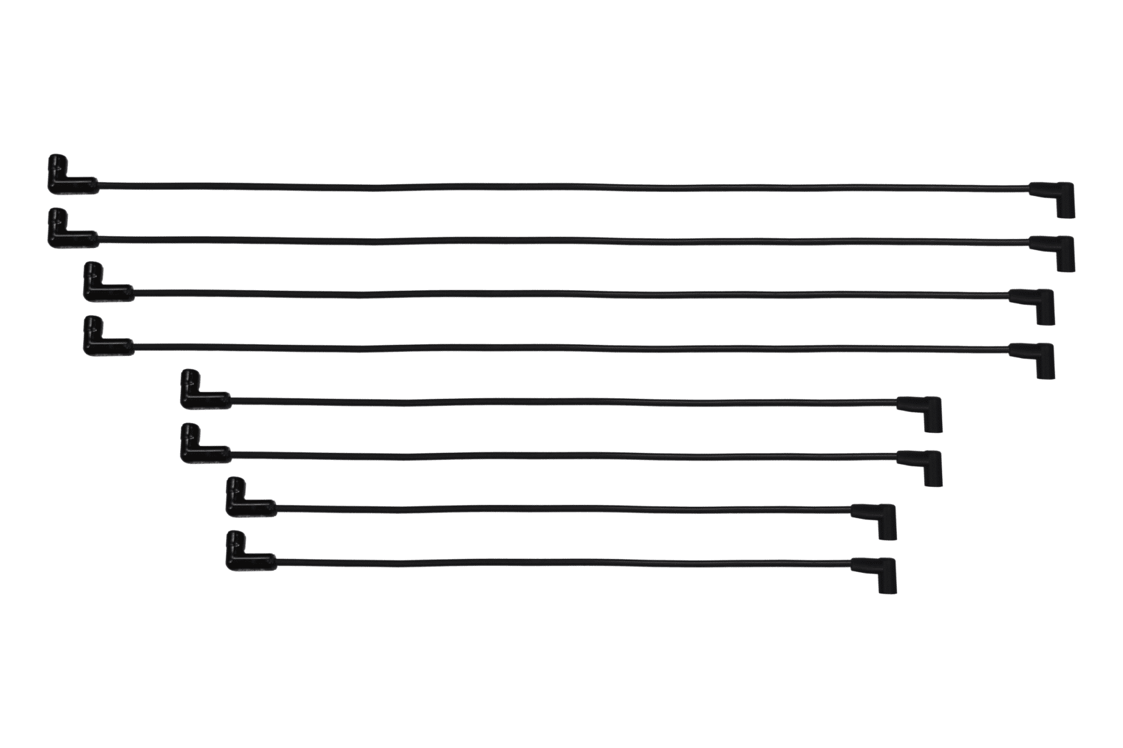 Eight black right-angle guitar cables arranged parallel.