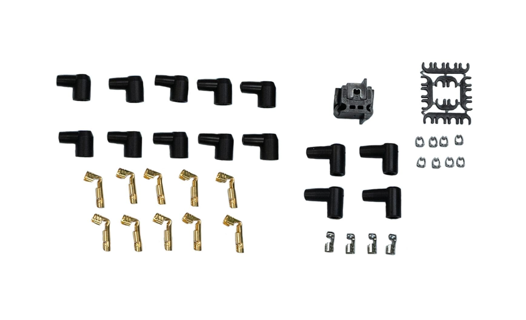 Electronic connectors and components arranged on white background.