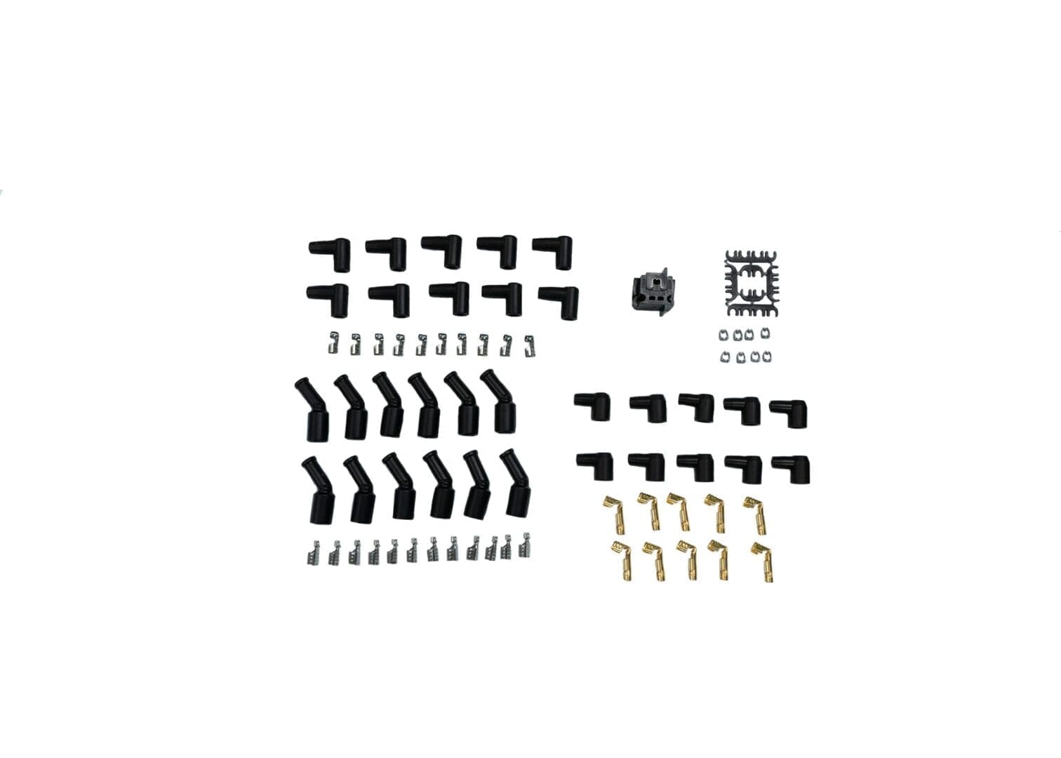 Assorted black and gold electrical connectors.