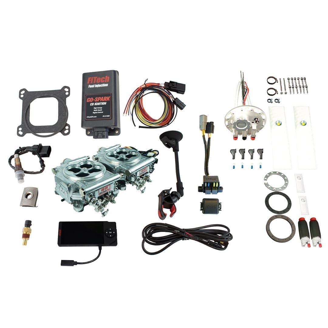 Car engine parts and wiring kit components.