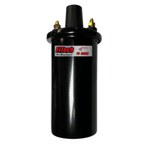 Black automotive ignition coil with label.