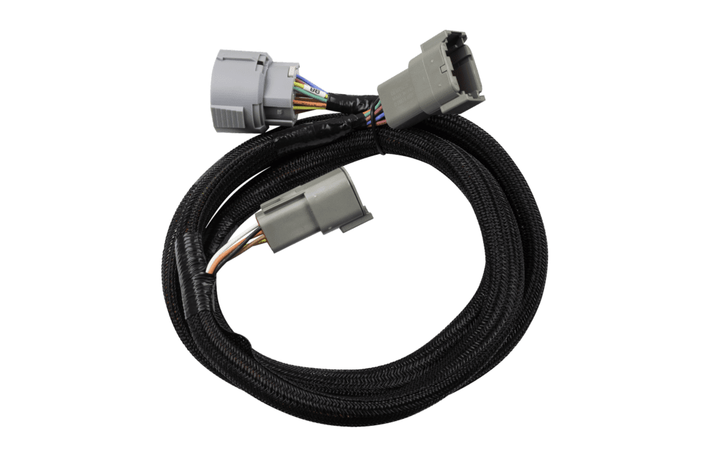 Coiled automotive wiring harness with connectors.