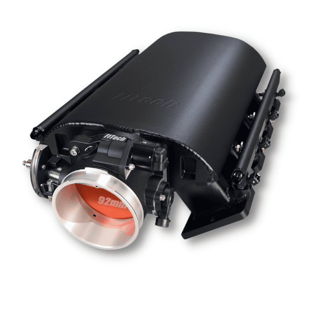 Black intake manifold with throttle body assembly.