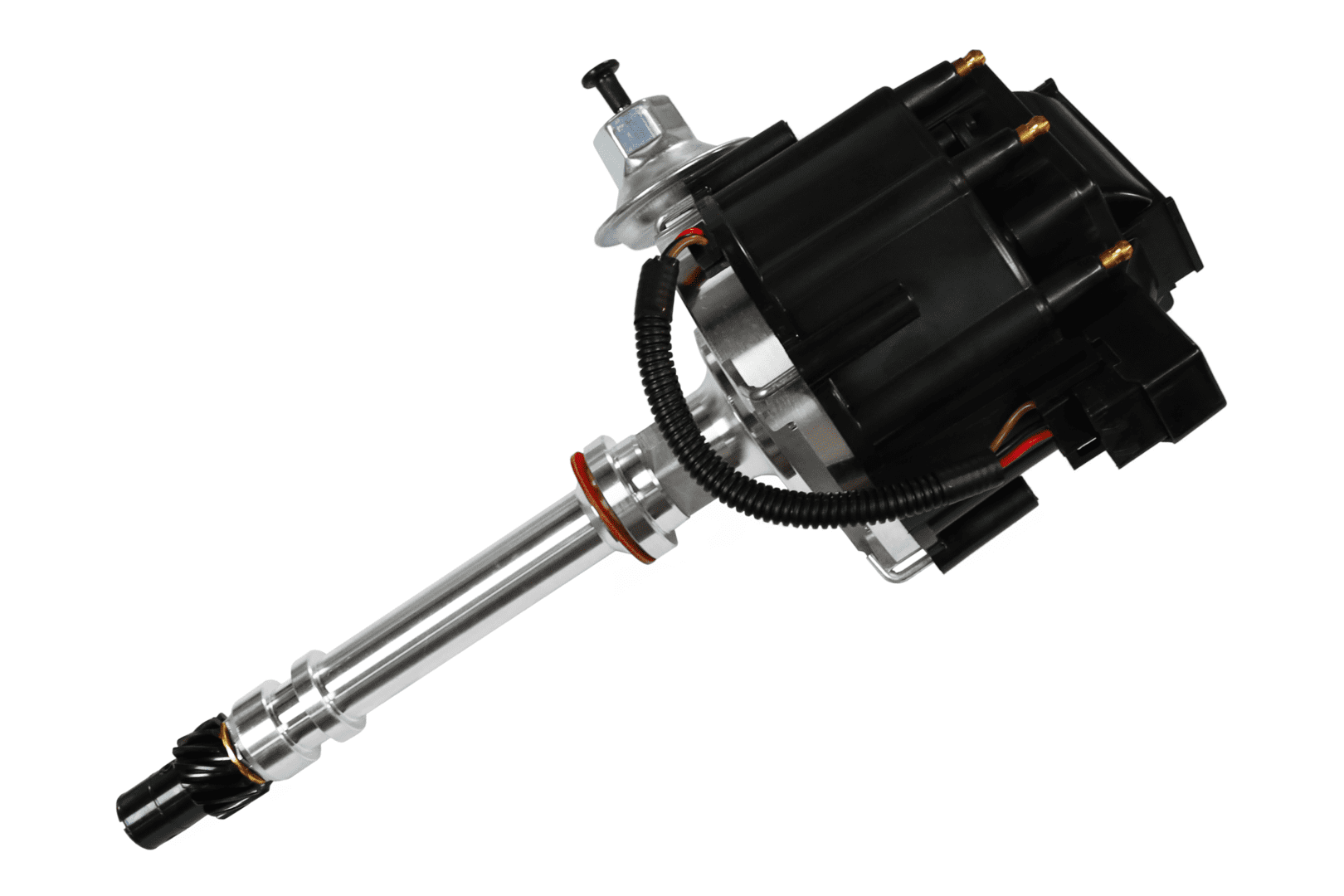 Car engine distributor with black cap.