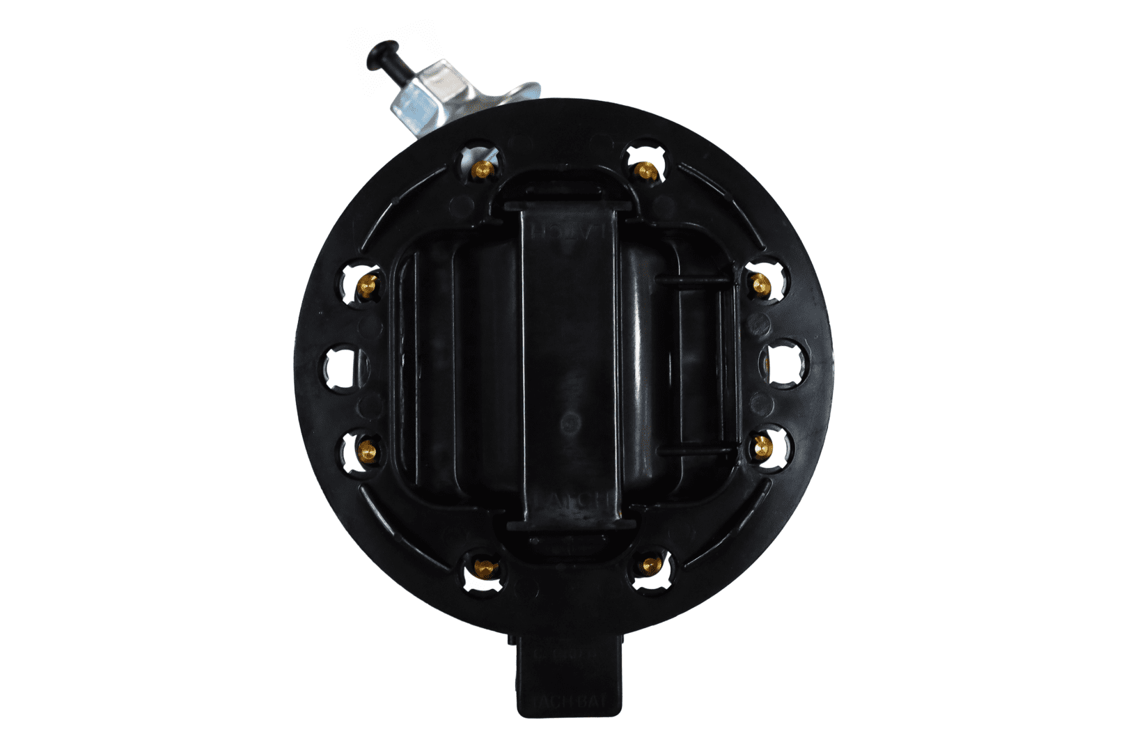 Round black automotive fuel tank cap.